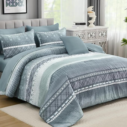 WONGS BEDDING 8 Piece Queen Size Comforter Set, Blue Striped Bed in a Bag Comforter and Sheet Set, Boho Lightweight Microfiber Bedding Set for All Season (90"×90")