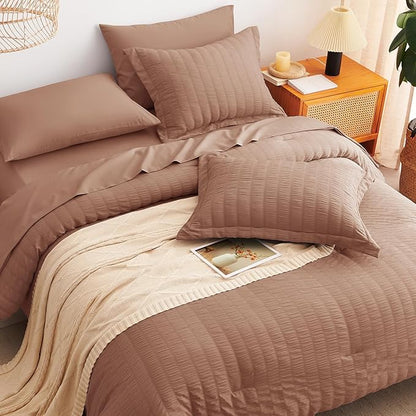 CozyLux Full Size Comforter Sets with Sheets Seersucker 7 Pieces Mocha Mousse Bed in a Bag Textured Luxury Soft Bedding Set with Down Alternative Comforter, Sheets, Pillowcases & Shams for All Seasons