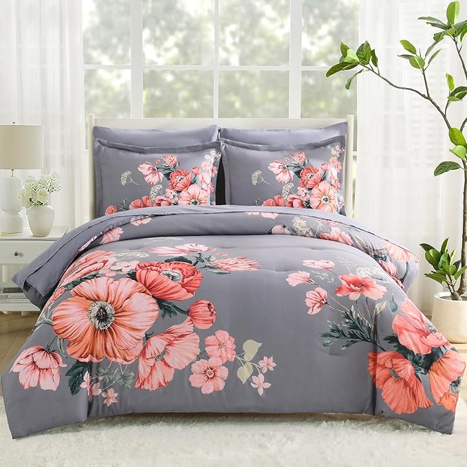 King Size Comforter Set - 7 Pieces Floral Comforter and Sheet Set, Dark Grey King Size Bed in a Bag, Soft Microfiber Flower Complete Bedding Set for All Seasons（Dark Grey,104"x90"）