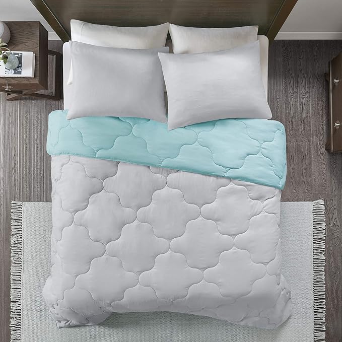 Comfort Spaces Vixie Reversible Comforter Set - Trendy Casual Geometric Quilted Cover, All Season Down Alternative Cozy Bedding, Matching Sham, Aqua/Gray, Full/Queen 3 piece