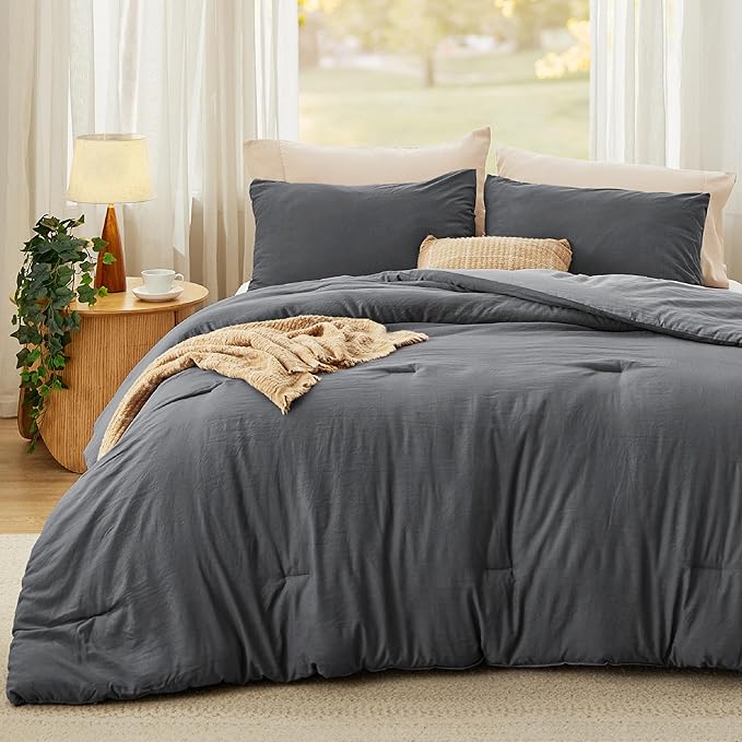 Bedsure Full Comforter Set, Dark Gray Soft Prewashed Bedding for All Seasons, 3 Pieces GentleSoft™ Bed Set, 1 Lightweight Comforter (82"x86") and 2 Pillowcases (20"x26")