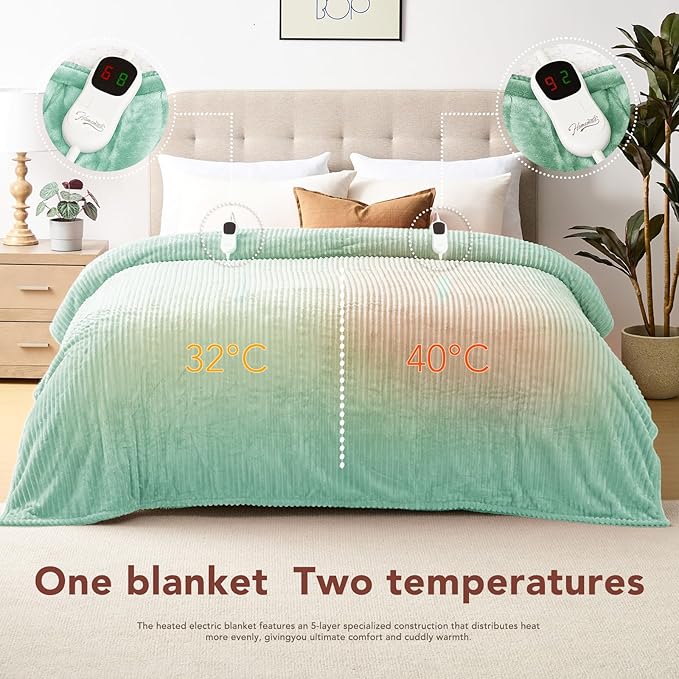 Homemate Electric Heated Blanket King Size - 100"x90" Heating Blanket King Size Dual Control 1/2/4/6/8 Hours Auto-Off 10 Heat Level Over-Heat Protection Soft Flannel Sherpa ETL Certification