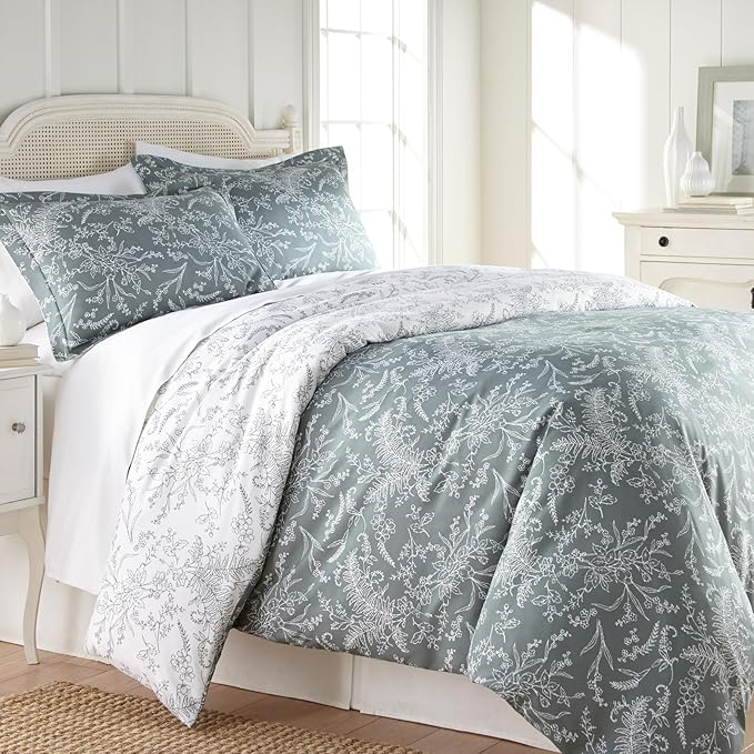 Southshore Fine Living, Inc. Twin Mattress Comforter Set, Hotel Quality Bedding, Floral Bedspread with Matching Pillow Sham for Twin/XL Beds, Reversible Bed Comforter, Winter Brush Teal/White