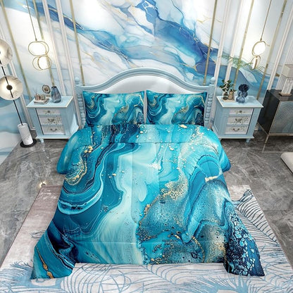 Erosebridal Marble Comforter Set,Teal Blue Marble Down Comforter Gold Liquid Quicksand Design Quilted Duvet,Turquoise Decorative 3 Piece Bedding Set with 2 Pillow Shams,Queen Size