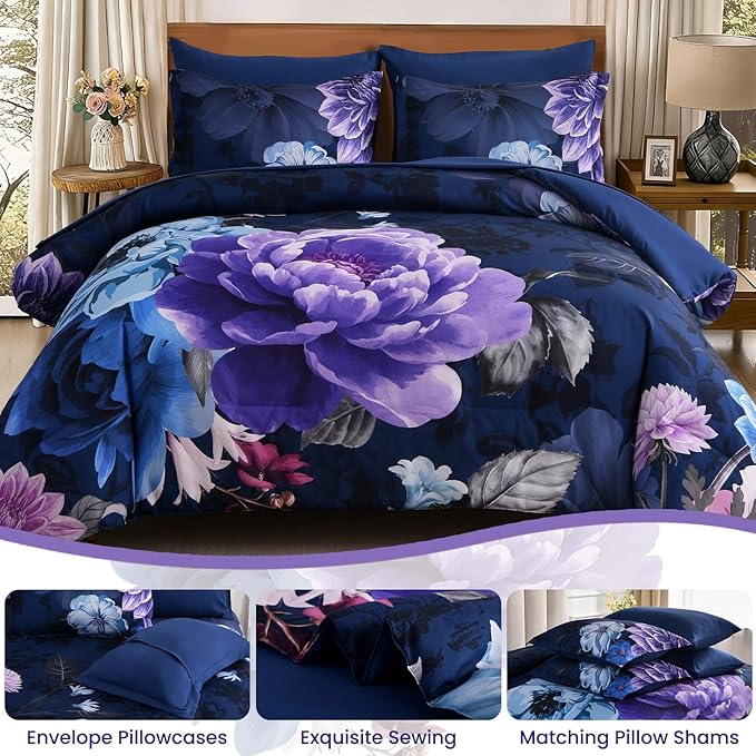 WONGS BEDDING Floral Comforter Set Queen Size, 7 Pieces Purple Bed in a Bag Comforter Bedding Set, Soft Microfiber for All Season with Pillowcases & Shams,Sheets(90"×90")