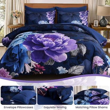 WONGS BEDDING Floral Comforter Set Queen Size, 7 Pieces Purple Bed in a Bag Comforter Bedding Set, Soft Microfiber for All Season with Pillowcases & Shams,Sheets(90"×90")