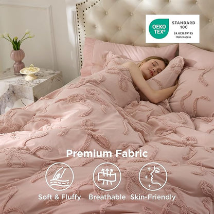 Bedsure Tufted Rose Pink Queen Size Comforter Sets, GentleSoft™ 3 Pieces Bow Cute Bedding Pink Room Decor, Gifts for Girls Teens Women, All Seasons, 1 Bed Comforter, 2 Pillow Shams, 90x90 Inches