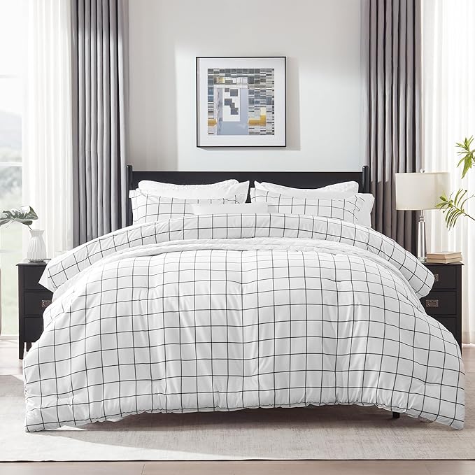 SLEEP ZONE Comforter Set for Queen Size, All-Season Queen Down Alternative Quilted Comforter, Winter Warmth Breathable,Super Soft,Machine Washable(88x88) (Grey Grid White, Queen)