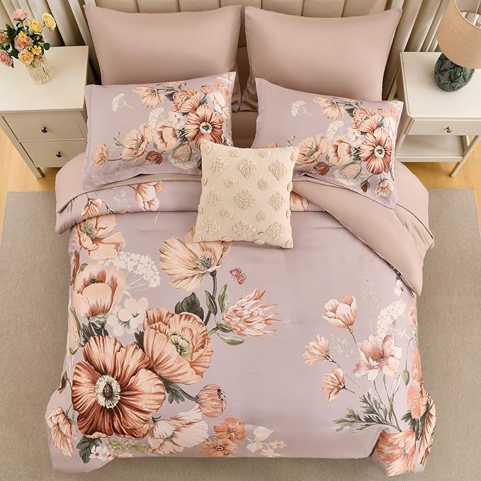 King Size Comforter Set - 7 Pieces Floral Comforter and Sheet Set, Khaki King Size Bed in a Bag, Soft Microfiber Flower Complete Bedding Set for All Seasons（Khaki,104"x90"）