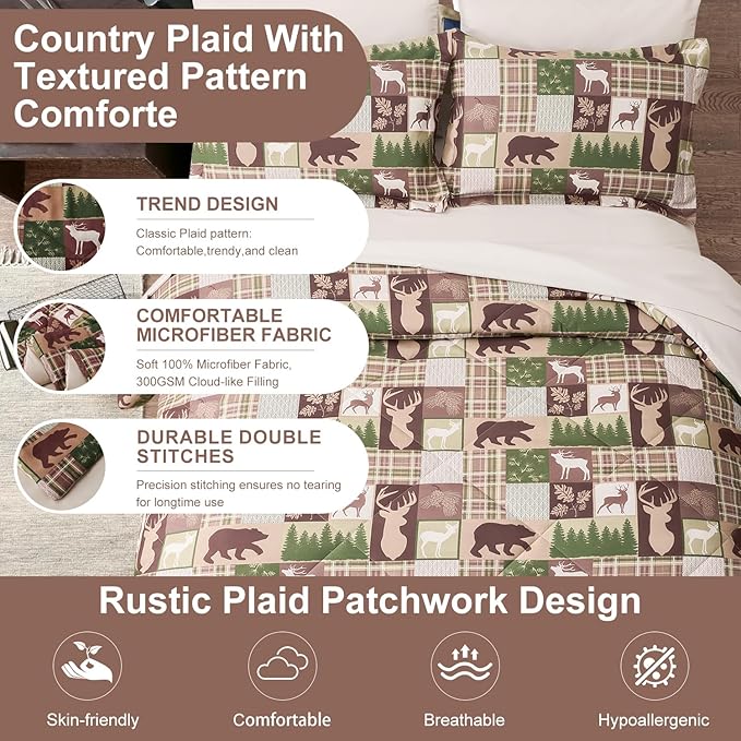 Comforter Set King Size Bear Moose Plaid Comforter Bedding-7 Piece Bed in a Bag,Soft Reversible Patchwork Microfiber Bedding Set (1 Comforter,1 Flat Sheet,1 Fitted Sheet,2 Pillowcases,2 Pillow Shams)