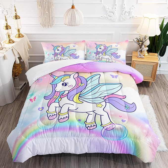 Unicorn Comforter Set for Girls Butterfly Bedding Set Rainbow Quilt Set Full with 1 Comforter and 2 Pillowcases