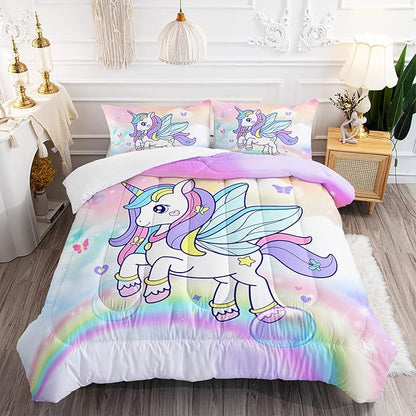 Unicorn Comforter Set for Girls Butterfly Bedding Set Rainbow Quilt Set Full with 1 Comforter and 2 Pillowcases