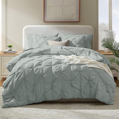 Nestl California King Comforter Set 7 Piece - Pintuck Cal King Comforter Set Sage Green, California King Bed in a Bag, All Season Bed Set with Flat Sheet and Fitted Sheet, Pillowcases and Shams
