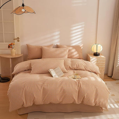 HighBuy Orange Gingham Comforter Set Full Modern Chic Plaid Comforter Set 3 Pieces Soft Fluffy Grid Checkered Pattern Comforter with 2 Pillowcases Farmhouse Gingham Bedding Set Breathable