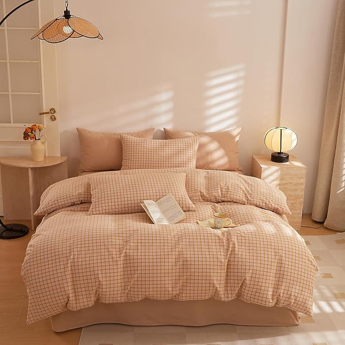 HighBuy Twin XL Comforter Set Orange Gingham Comforter with 2 Pillowcases Modern Plaid Grid Pattern Comforter Set for Men Boys Fluffy Soft Lightweight Bedding Boho Plaid Checkered Comforters