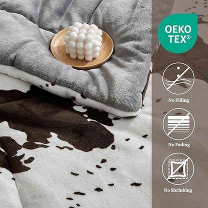 Petrichor Velvet Flannel King Comforter Set- Cow Print Western Style Blanket,Luxury Fuzzy Heavy Bedding Set, 3 Pieces Plush Winter Bed Set with Comforter (90"x104") & 2 Pillow Shams (20"x36"