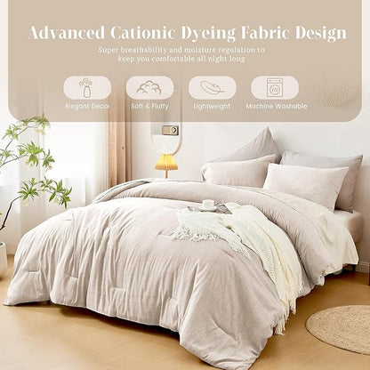 DECMAY Twin Comforter Set with Sheets, 5 Pieces Twin Comforter Set, Cationic Dyeing Bed in a Bag Bedding Set with Comforter, Flat Sheet, Fitted Sheet, Pillowcase and Pillow Sham (Twin, Gream) | twin comforter set, twin bedding set, twin bed in a bag