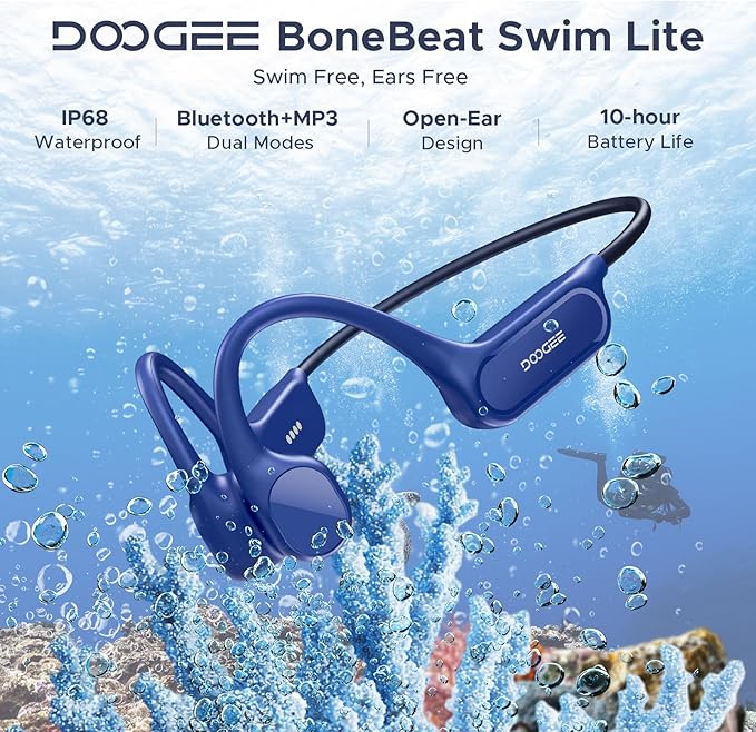 DOOGEE Bone Conduction Headphones IP68 Waterproof Swimming Headphones,10H Battery Life Sports Running Wireless Bluetooth 5.4 Open Earphones 32GB MP3 Dual Modes for Cycling,Underwater Swimming,Fitness