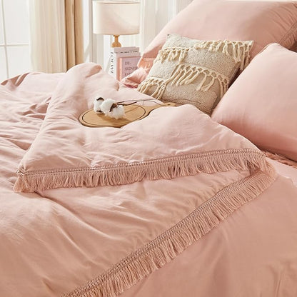 Andency Pink Full Size Comforter Set with Sheets - 7 Pieces Boho Tassel Bed in a Bag Soft Lightweight Bedding Sets, Pink Fringe Bed Set with Comforter, Sheets, Pillowcases & Shams