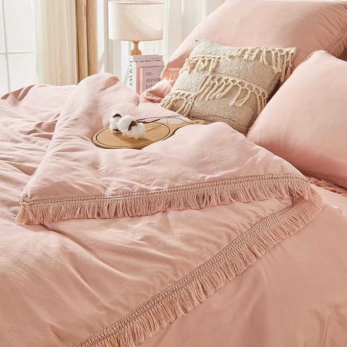 Andency Pink Queen Size Comforter Set with Sheets - 7 Pieces Boho Tassel Bed in a Bag Soft Lightweight Bedding Sets, Pink Fringe Bed Set with Comforter, Sheets, Pillowcases & Shams