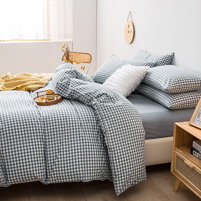 mixinni Blue Gingham Comforter Set Twin XL, Plaid Comforter Set 3 Pieces 1 Blue Grid Comfoter with 2 Pillow Cases for All Seasons, Soft Fluffy Modern Grid Pattern Printed Bedding-Twin XL Size