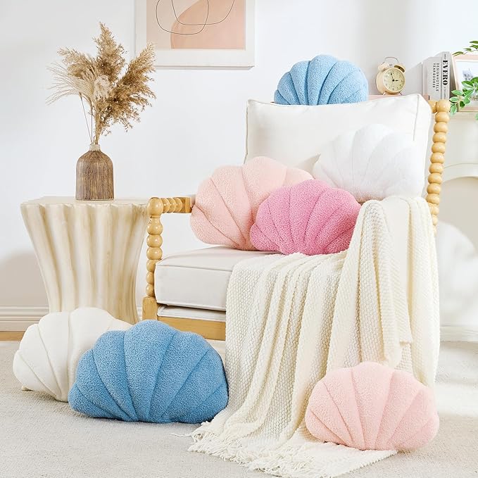 Shell Pillow Seashell Decorative Pillow Blue Beachy Coastal Shell Shaped Throw Pillows 18x13 Inch Soft Ocean Beach Sea Shell Plush Pillows Cushion for Bed Couch Living Sofa Room Decor