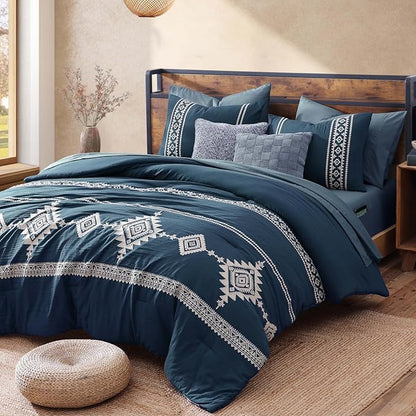 MaiRêve Embroidery Queen Size Comforter Set Navy Blue, Boho Farmhouse Western Bedding Set 7 Pieces, All Season Bed in A Bag Comforter Set with Sheets, Pillowcases & Shams