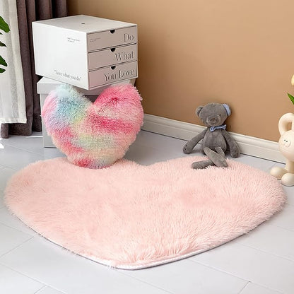 MOOWOO Rainbow Fluffy Heart Pillow,Valentines Day Decor Faux Fur Throw Pillow,Sherpa Plush Shaggy, Girl Room Decor,Heart Shape for Mothers Day,Christmas Decorations(Colorful)