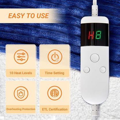 Heated Blanket Electric Queen, Soft Flannel Heating Blanket with 8 Hours Auto Off 10 Fast Heating Levels Machine Washable Sherpa Heated Blanket with Overheating Protection