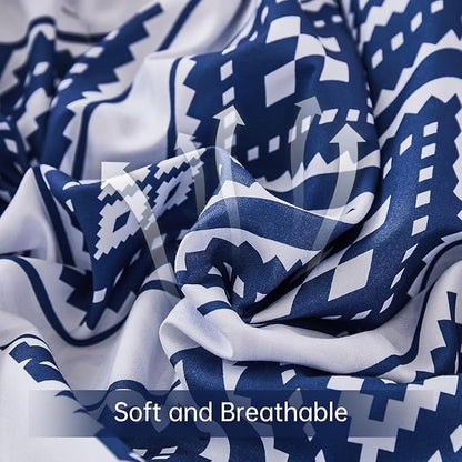 Luxudecor Blue Comforter Set King Size 7 Pieces,Boho Aztec Comforter with Sheet Set,Geometric Striped Pattern Bed in a Bag,Soft Microfiber Bed Set 104"x90"