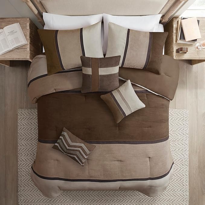 Madison Park Palisades Comforter Set Modern Faux Suede Pieced Stripe Design, All Season Down Alternative Cozy Bedding with Matching Shams, Decorative Pillows, King(104"x92"), Brown 7 Piece