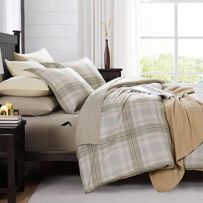 MaiRêve Plaid Full Comforter Sets, Khaki Green Grid Farmhouse Bedding Set Bed in A Bag, Classic Checkered Comforter Sets with Fitted & Flat Sheet, Pillowcases & Shams 80"x90"