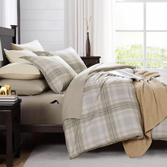 MaiRêve Plaid Queen Comforter Sets, Khaki Green Grid Farmhouse Bedding Set Bed in A Bag, Classic Checkered Comforter Sets with Fitted & Flat Sheet, Pillowcases & Shams 90"x90"