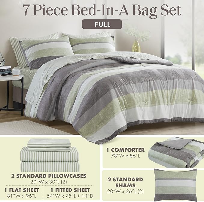 Madison Park Essentials Jaxon Full Comforter Set, Bed in A Bag Comforter & Sheet Set, Modern Casual Stripes Print, All Seasons, Soft Bedding Makeover, Matching Sham, Full Green/Grey 7 Piece