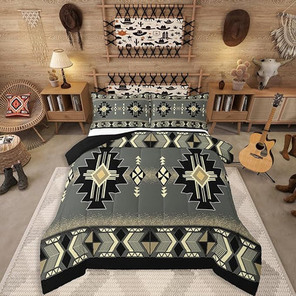 Erosebridal Twin Southwestern Aztec Comforter Set, Rustic Western Bedding Set, Exotic American Native Bedding Comforter Sets for Boys Teens Men Bedroom, Farmhouse Ethnic Geometric Quilt,Gray Black