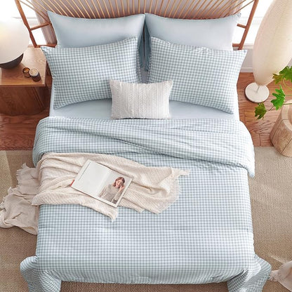 Nayoroom Gingham Comforter Set Full Size Blue Plaid Checkered Dorm Bedding Set 3 Pieces Soft Lightweight Farmhouse Grid Comforter for All Seasons (1 Comforter, 2 Pillowcases)