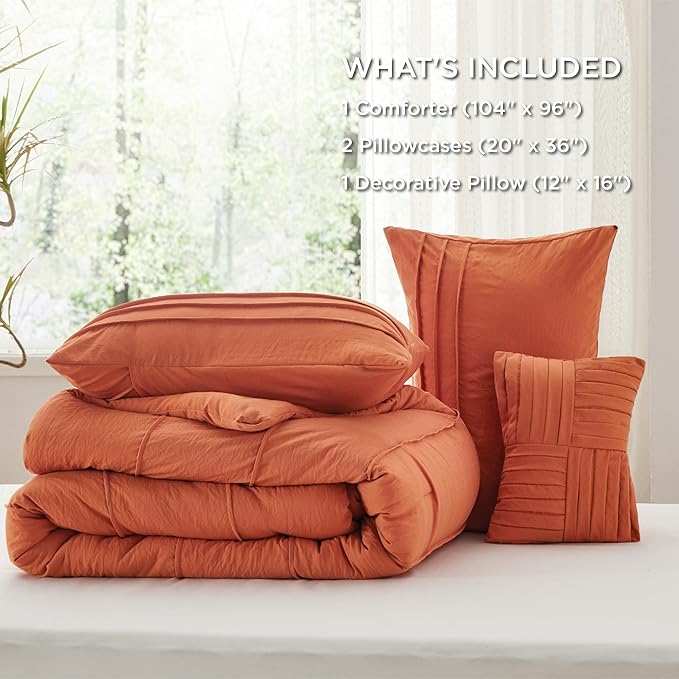 Bedsure California King Comforter Set - 4 Pieces Pinch Pleat Bed Set, Burnt Orange Boho Bedding for All Season, 1 Soft Comforter, 2 Pillowcases, 1 Decorative Pillow