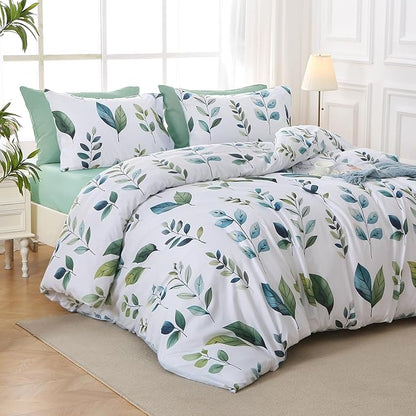 MUXHOMO Grey Green Foliage Full Comforter Set, Elegant Floral Print Bed in a Bag 7 Pieces, Soft & Breathable Reversible Botanical Pattern Bedding Set with Comforter, Sheets, Pillowcases, and Shams