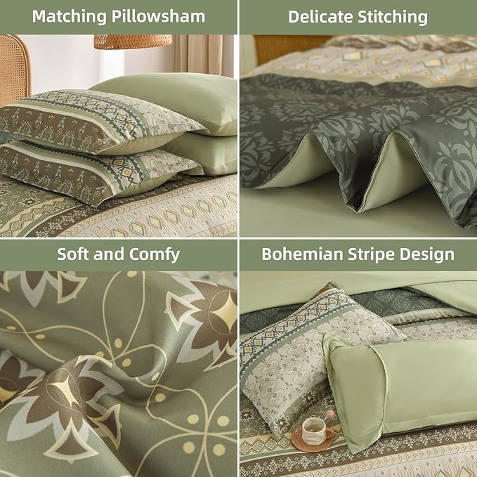 Comforter Set King Size Boho,7 Pieces Sage Green Bedding Set Bohemian Striped Bed in a Bag,Soft Microfiber Paisley Floral Comfortet and Sheet Sets for Family All Season