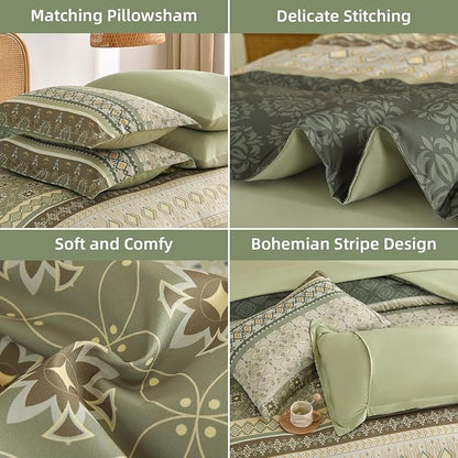 Comforter Set King Size Boho,7 Pieces Sage Green Bedding Set Bohemian Striped Bed in a Bag,Soft Microfiber Paisley Floral Comfortet and Sheet Sets for Family All Season