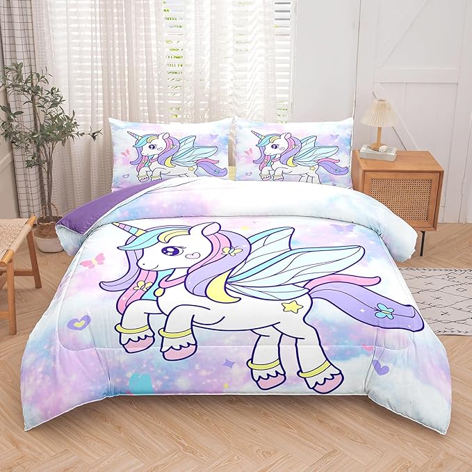 Tailor Shop Unicorn Girls Comforter Sets Full Size,Unicorn Purple Bedding Sets for Girls Kids Teens with 2 Pillowcase……