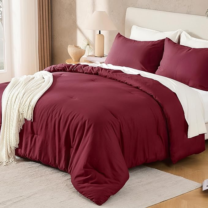 Andency Burgundy Queen Size Comforter Set, 3 Pieces Boho Solid Bedding Comforters & Sets, Modern Reversible Soft Lightweight All Season Bed Set for Men Women (90x90Inch Comforter & 2 Pillowcases)