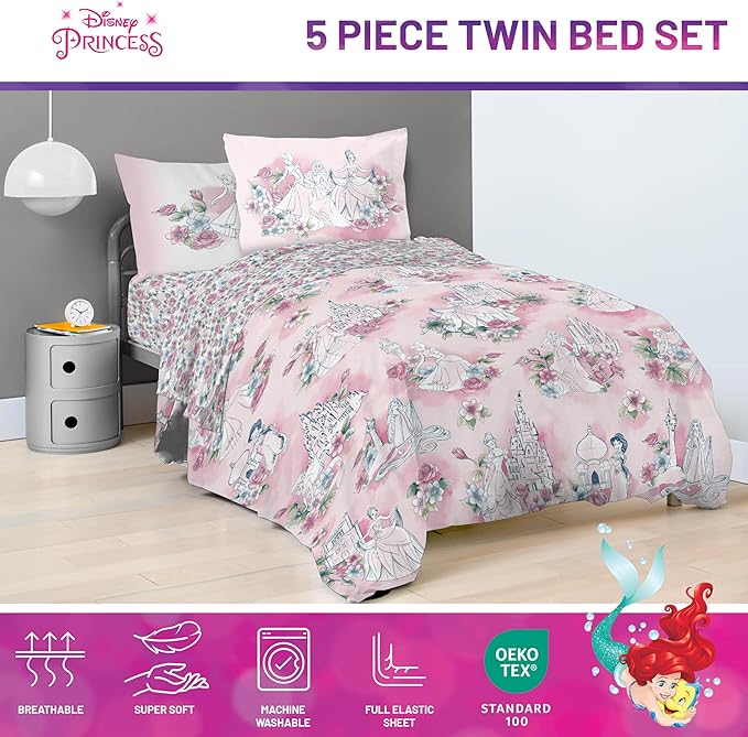 Jay Franco Kids Comforter Set Includes Sheets and Pillow Covers - Soft and Cozy Bed Set for Stylish Room Decor, Pink - Disney Princess, 5 Piece Twin Bedding