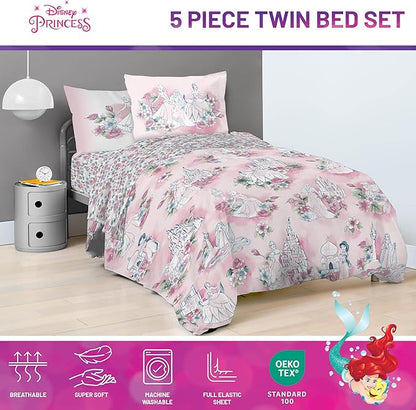 Jay Franco Kids Comforter Set Includes Sheets and Pillow Covers - Soft and Cozy Bed Set for Stylish Room Decor, Pink - Disney Princess, 5 Piece Twin Bedding