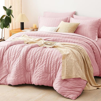 CozyLux King Size Comforter Set Pink Seersucker 7 Pieces Bed in a Bag King Comforter Set with Sheets, Luxury Bedding Sets with Down Alternative Comforter, Sheets, Pillowcases & Shams All Seasons