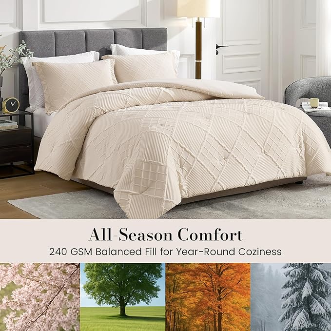 Amélie Home King Comforter Set, 3 Piece Beige Jacquard Bedding Set with 2 Pillow Cases, Soft Microfiber Diamond Design, Lightweight All-Season for Bedroom & Dorm