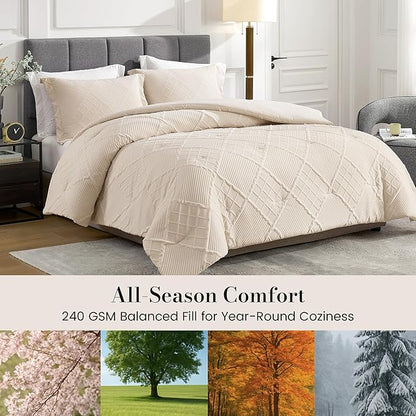 Amélie Home King Comforter Set, 3 Piece Beige Jacquard Bedding Set with 2 Pillow Cases, Soft Microfiber Diamond Design, Lightweight All-Season for Bedroom & Dorm