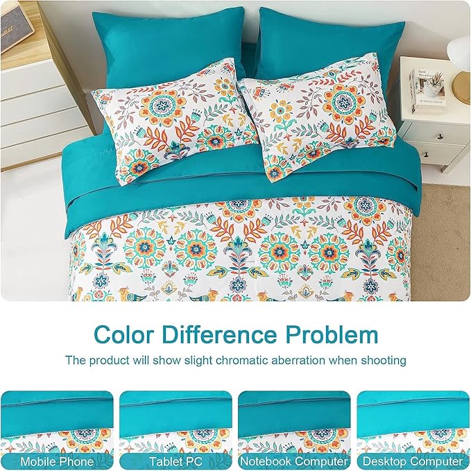 Boho Comforter Set Twin - 5 Pieces Bed in a Bag Floral Medallions Design, Bohemian Comforter Set with Sheets, Soft Microfiber Complete Bedding Sets All Season (Teal Blue, Twin)