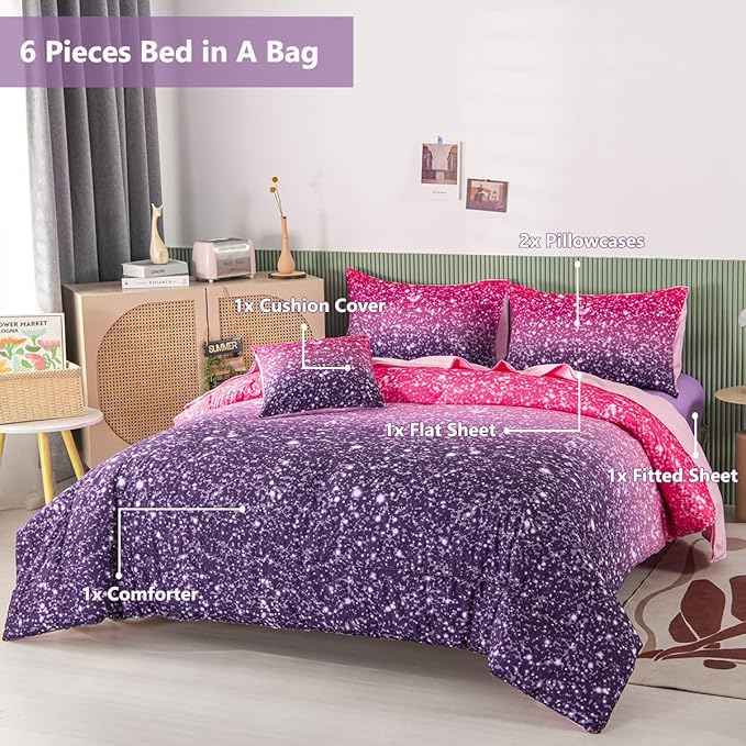 PERFEMET Pink Purple Girls Queen Comforter Set with Sheets 6 Pieces Colorful Rainbow Tie Dye Kids Bedding Set Sparkle Glitter Ombre Bed in A Bag Soft Fluffy Teen Girl Bed Set for Bedroom Decor