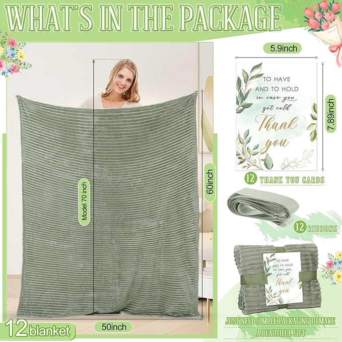 Buryeah 12 Pcs Wedding Flannel Fleece Throw Blanket Bulk with Thank You Card and Ribbon, 50 x 60 in Oeko-TEX Standard 100 Certified Blankets Outdoor Wedding, Guest Party Souvenirs (Sage Green)